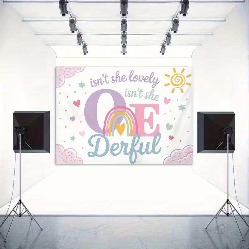2D Flat Printing One-derful 1st Birthday Background Cloth, Pastel Rainbow Party Decor
