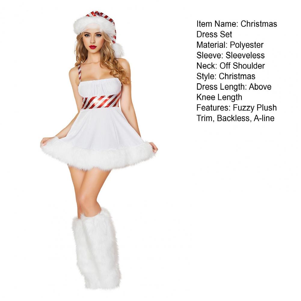 1 Set Christmas Costume Includes Dress Hat And Foot Cover Fuzzy Plush Trim Snowman Cosplay Club Dance Performance Drama Stage Op