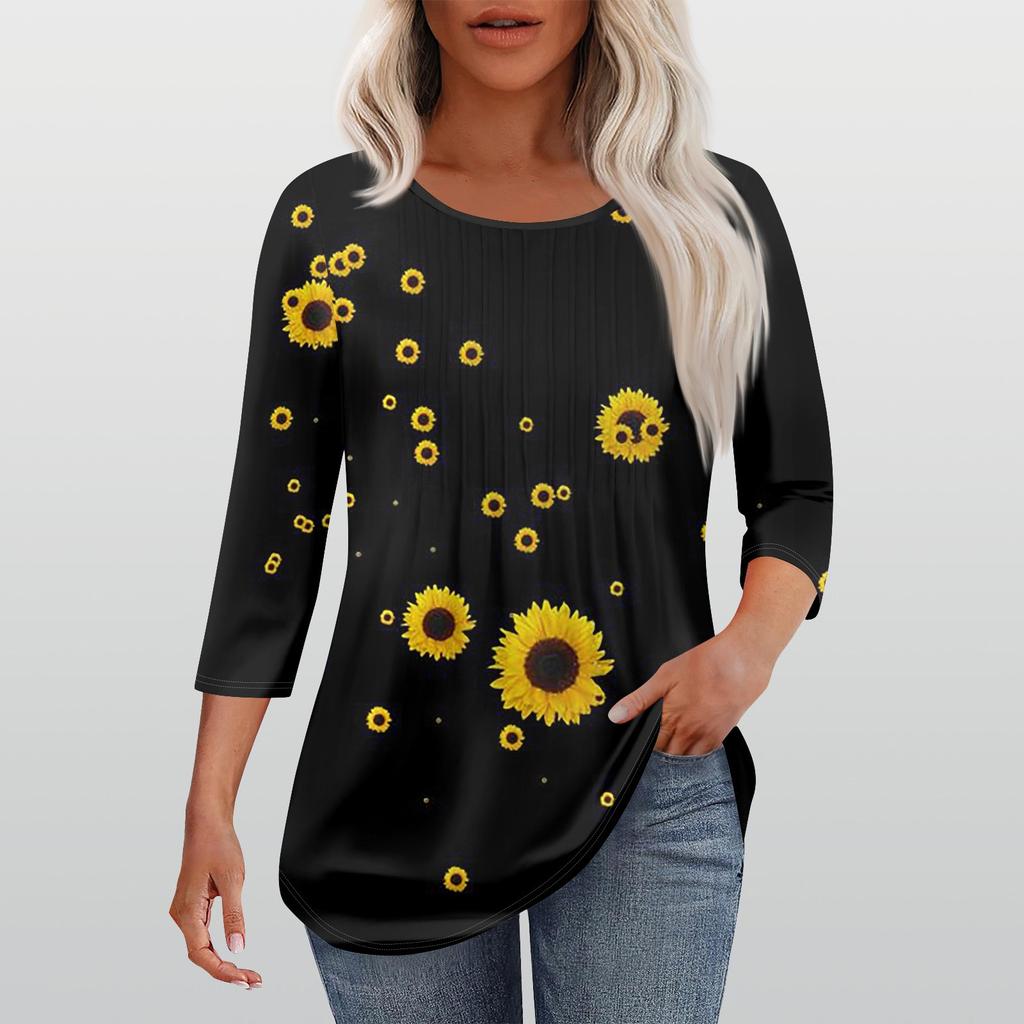 Рубашки с рукавом 3/4 для женщин, модные, повседневные, с круглым вырезом, с принтом, футболка, топ