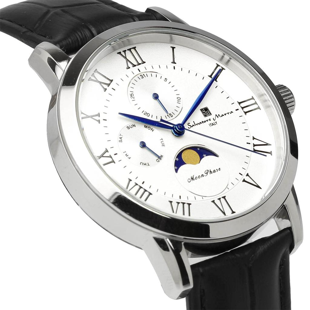Часы Moon Phase Multi Calendar 5 ATM Water Resistant Business Formal Leather Belt Limited Model Silver White [Salvatore Mara] Men's SM21106-SSWH
