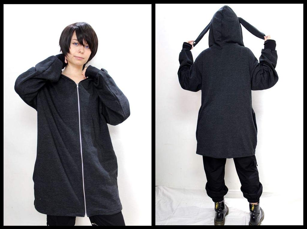 Худи ROSEATE с кроличьими ушками и пирсингом, мягкое, длинное, сделано в и кроличьи ушки, худи на молнии, легкое, длина, Япония, мужское, женское, (черный)