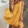 Celmia Летнее тонкое женское модное вечернее мини-платье без рукавов плиссированный сарафан однотонное повседневное свободное короткое платье размера плюс