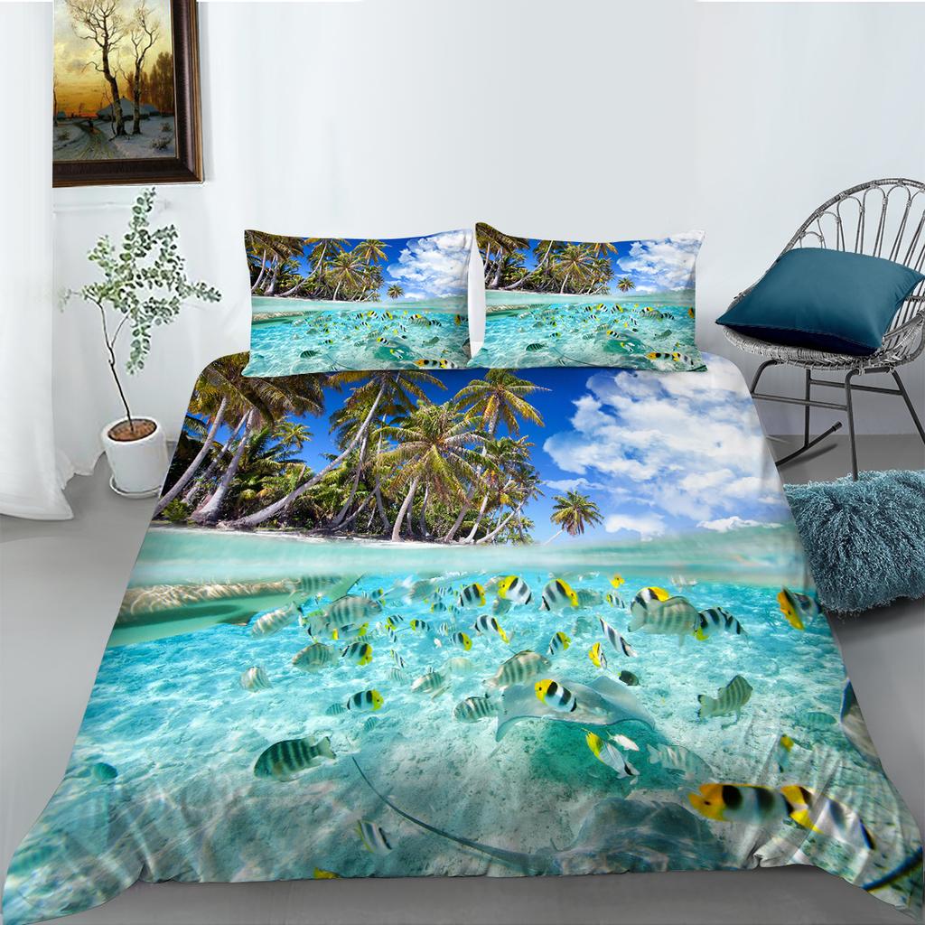 Постельное белье с рисунком 3D-пейзажа, односпальная двуспальная кровать, полноразмерная наволочка и пододеяльник, печать с изображением моря и растений, украшение дома из материала из микрофибры