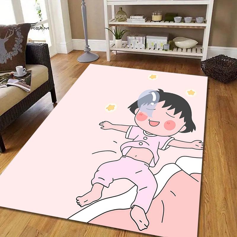 Chibi Maruko‑chan Flannel Pattern Square Carpet,Area Rug,Carpet Rug for Living Room Bedroom Sofa Playroom Decor,Non-slip Floor Mat