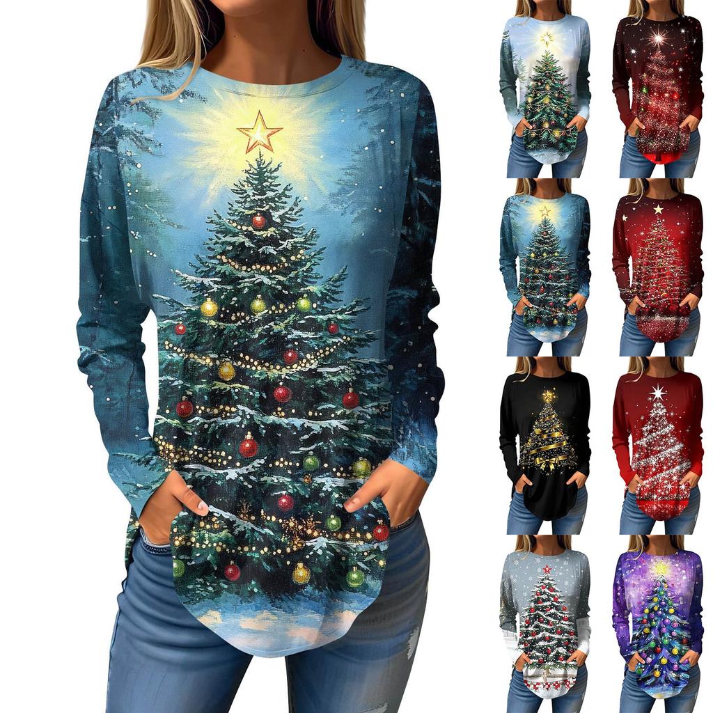 Женская свободная футболка с круглым вырезом и рождественским принтом, длинный рукав, топы, пуловер