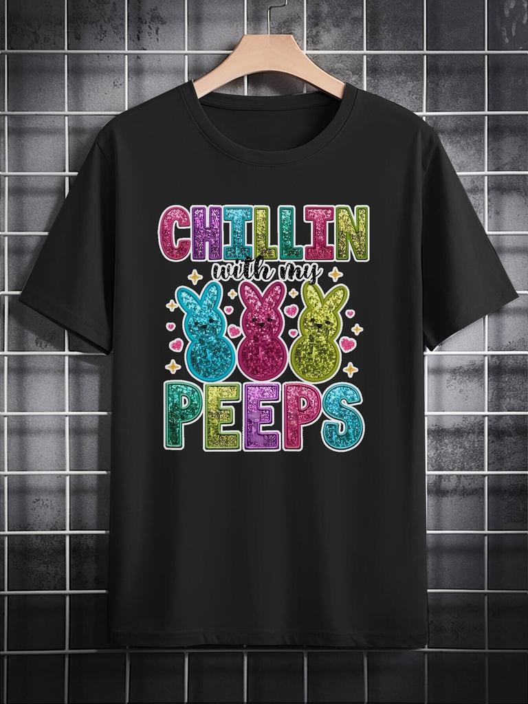 Casual Crew Neck T-shirt - "Chillin' with My Peeps" Easter-Themed Graphic Tee