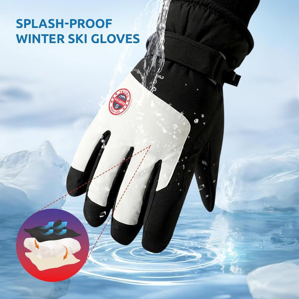Waterproof Winter Gloves, Touchscreen Ski Gloves, Windproof Thermal Warm Snow Gloves for Men Women, Adjustable Strap for Skiing Hiking Running