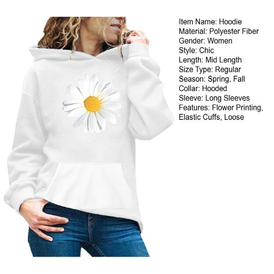 Autumn Spring Hoodie with Big Front Pocket Flower Printing Long Sleeve with Elastic Cuffs Pullover Thic Hooded Sweatshirt Daily Wear Sport Top