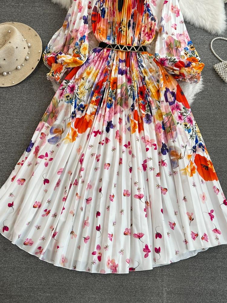 Женские свободные пляжные платья с большим распашным принтом на берегу моря, длинное плиссированное платье макси большого размера с поясом