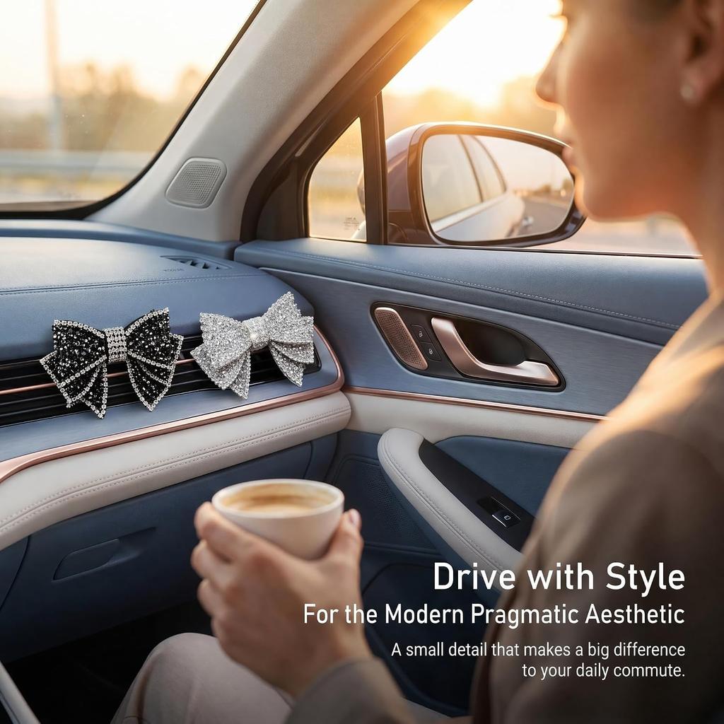 2 PCS Bling Bow Car Vent Clips, Rhinestone 3D Stereo Bowknot Decoration for Women & Girls, Leather Air Outlet Diffuser Clip, Interior Ornament