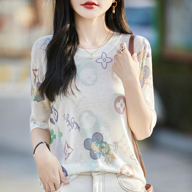 Женский весенне-летний круглый вырез с принтом, свободный внутренний тонкий универсальный трикотаж