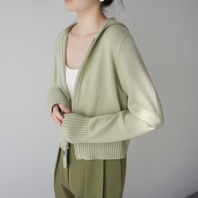 Весенний кардиган, свитер, пальто, женский дизайн, 2023, с длинным рукавом, с капюшоном, однотонный, с двойной молнией, вязаный кардиган, женский топ