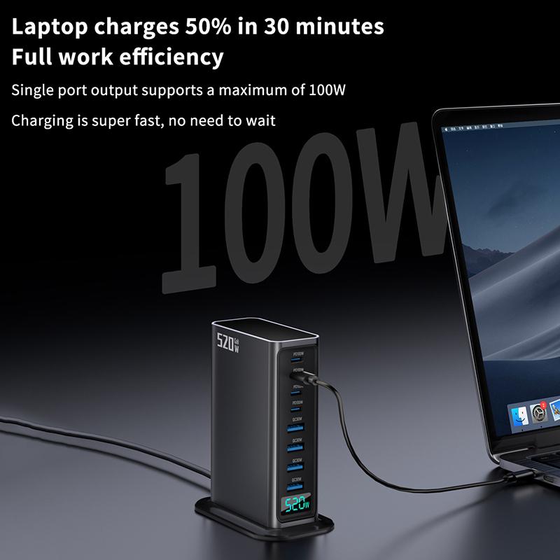 520 Вт 8-портовое настольное зарядное устройство для телефона, ноутбука, планшета со светодиодным дисплеем мощности, адаптер питания для быстрой зарядки PD для компьютера, ПК, для iPhone