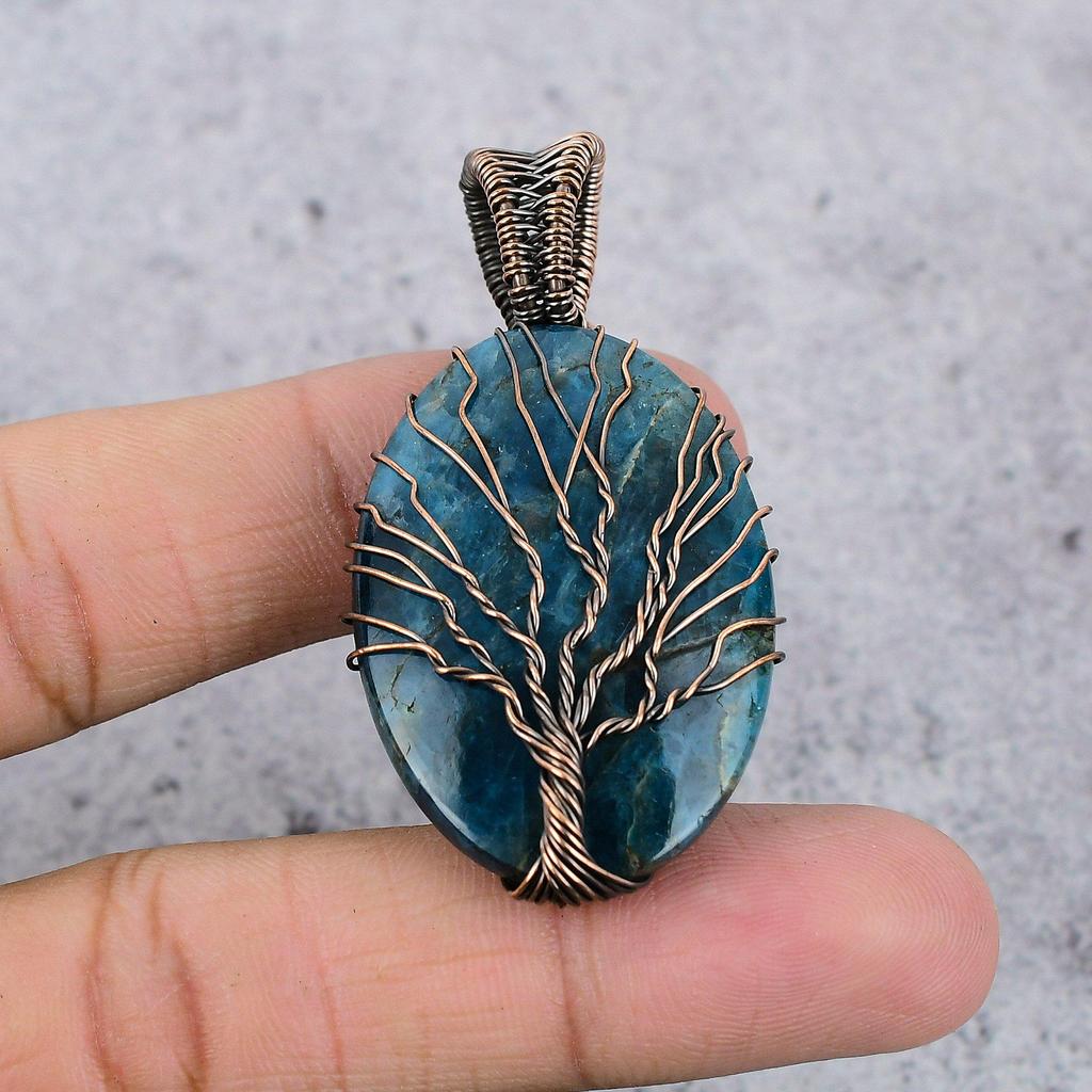 Tree Of Life Neon Blue Apatite Gemstone Pendant 999 Copper Wire Wrapped Jewelry, Handmade Antique Pendant Jewelry, Gift For Mother