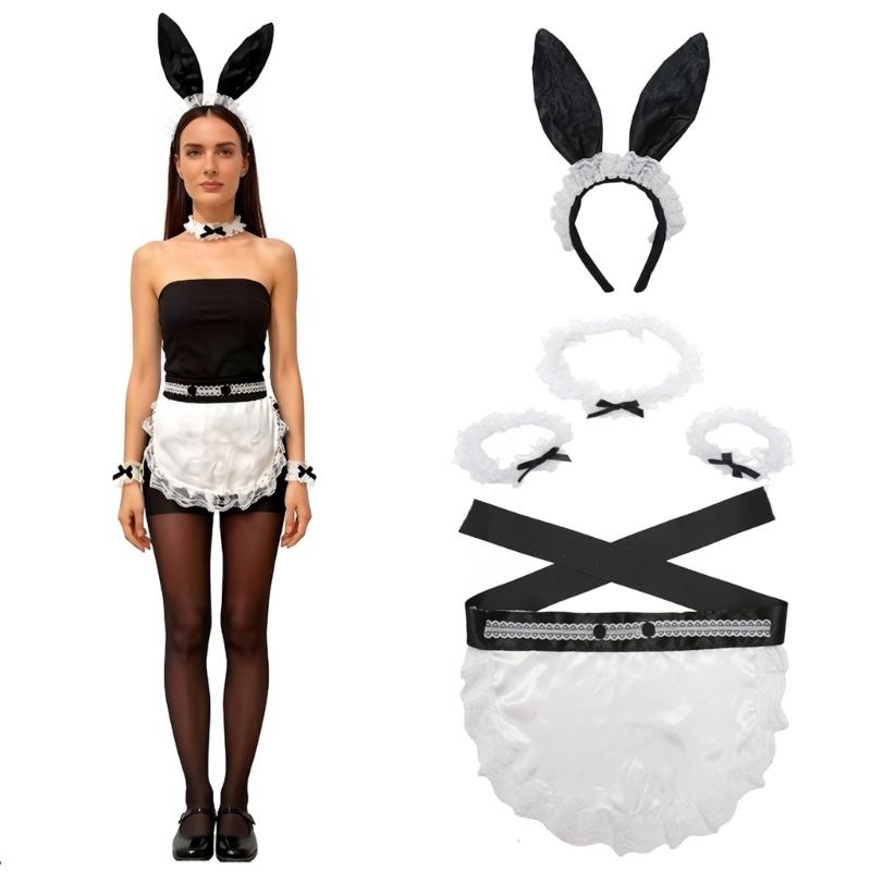 5Pcs Womens Bunnies Costume Accessories Set Rabbit Ears Headband Bows Tie Collar Cuffs Apron Maid Outfits for Womens