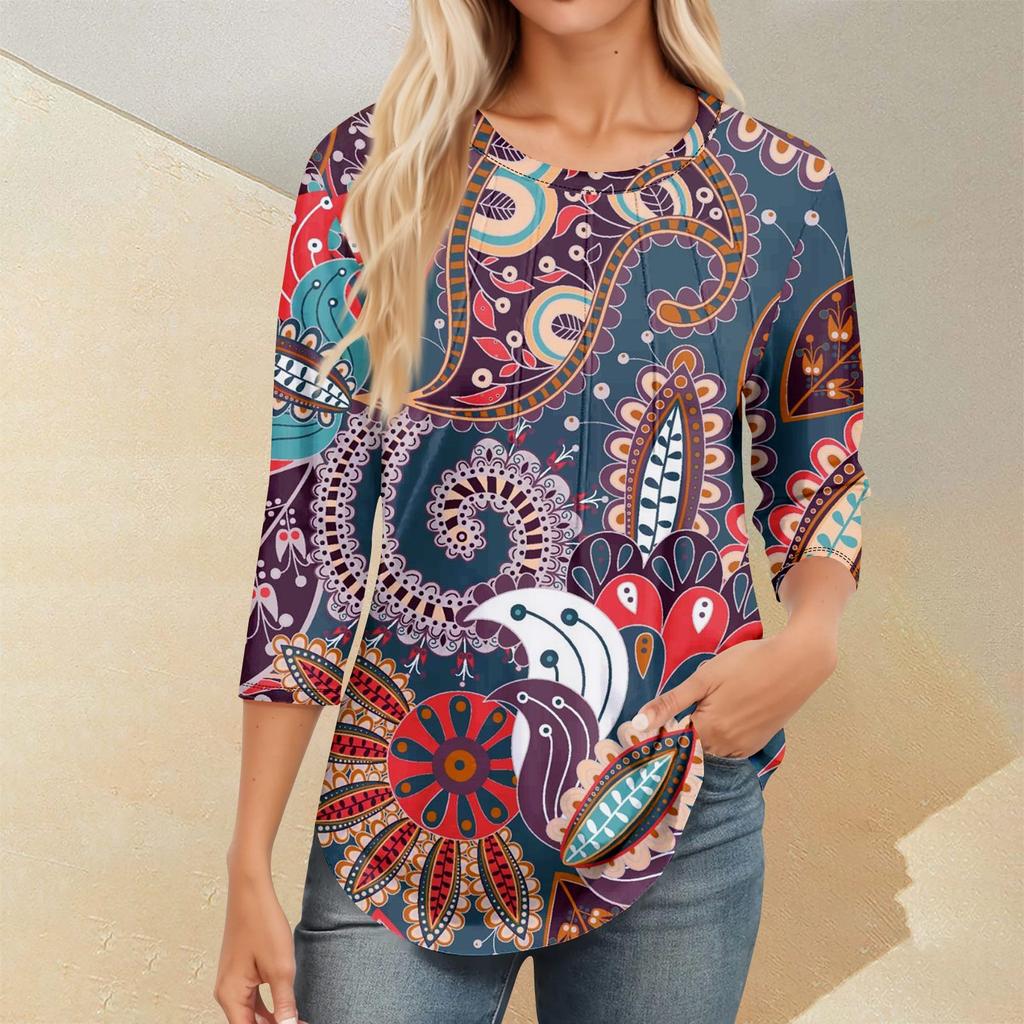 Женский повседневный универсальный топ с круглым вырезом и цветочным узором в горошек и длинными рукавами