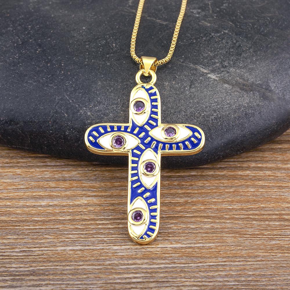 Nidin Classic New Design Evil Eye Cross Pendant Necklace 5 Colors For Women Men Shine Zircon Chain Choker Jewelry Accessories