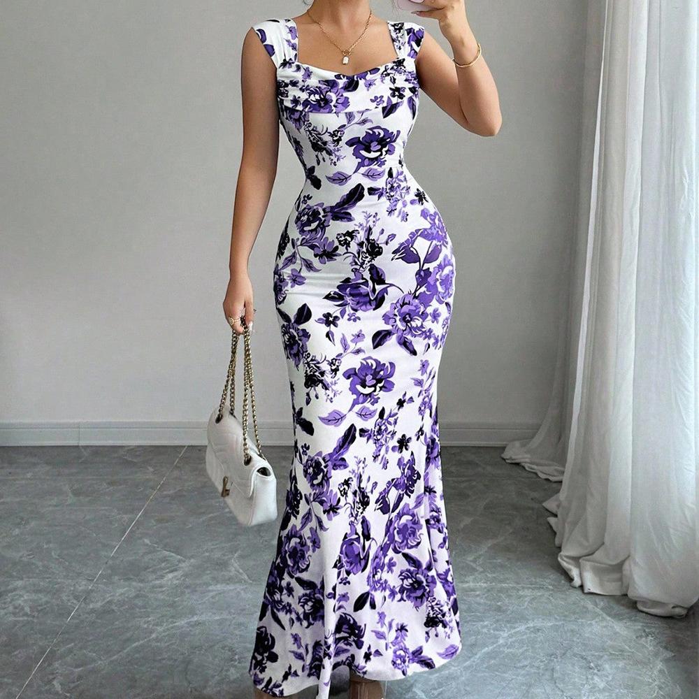 2026 Spring Summer New Sweet Fresh High Waist Printed Tie Knot Dress Women's Slimming Vacation Style Long Dress