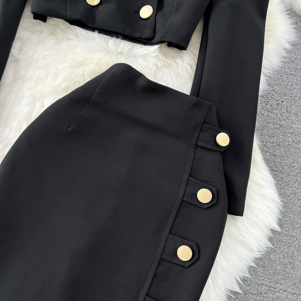 Женский новый модный весенне-осенний элегантный короткий пиджак, куртка + длинная юбка-карандаш с разрезом миди, комплект из двух предметов