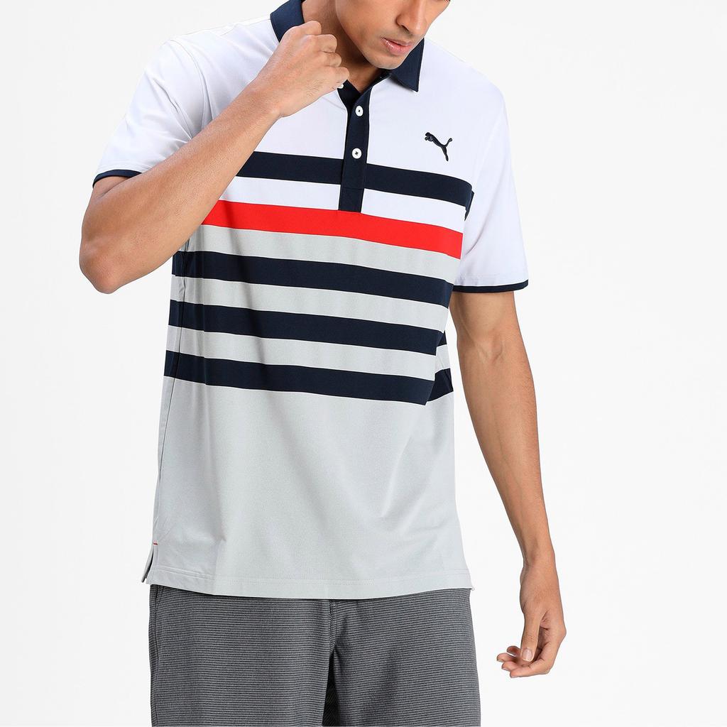 Puma Mattr Повседневная спортивная полосатая рубашка поло с коротким рукавом Мужские топы Серый Белый 599115-01