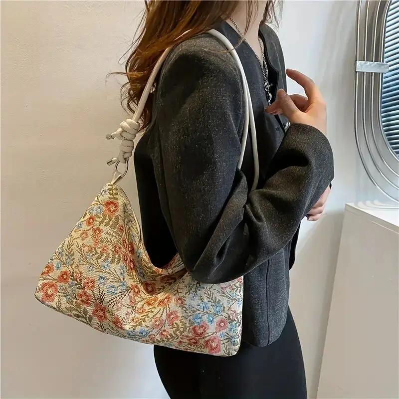 Women's Simple Versatile Hobo Bag Handbag Retro Print Underarm Bag Large Capacity Stylish Casual Canvas Shoulder Bag