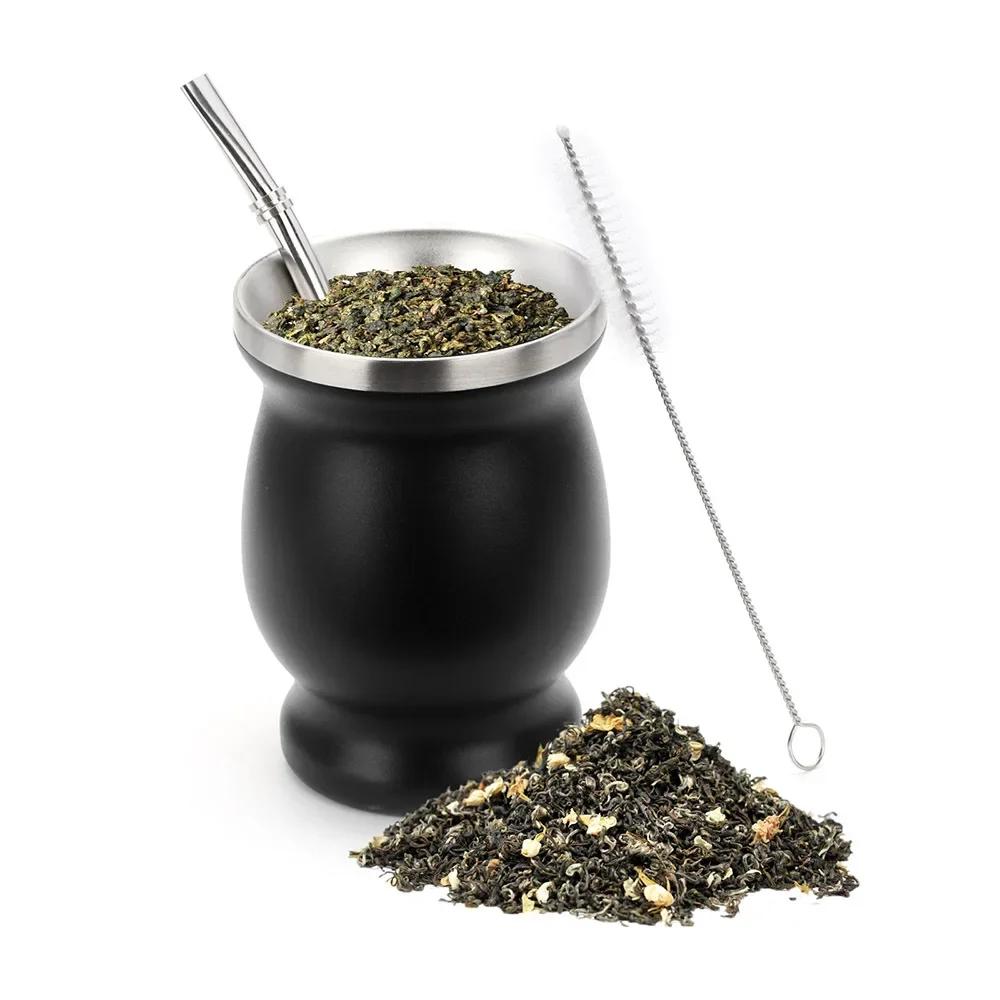 230ML Mate Cup 304 Stainless Steel Double Wall 8oz Portable Tea Mug Mate Tea Gourd with 2 In 1 Straw Spoon Give Cleaning Brush