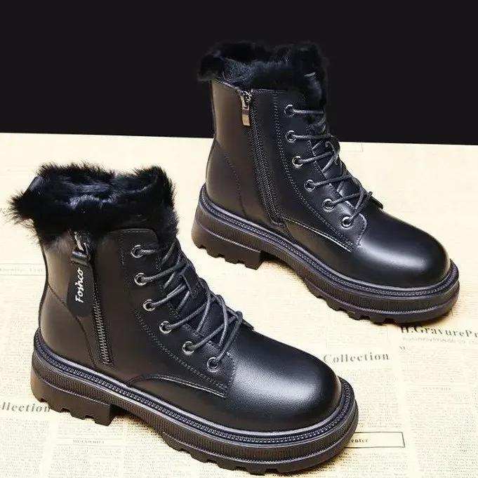 Snow Boots Plush Warm Medium Boots Women's Black and White Winter Thickened Warm Snow Flat Shoes  Mujer