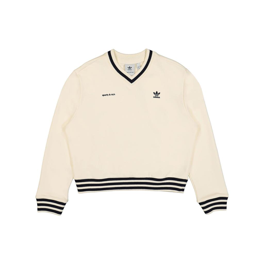 adidas Originals x Sporty & Rich в полоску с логотипом бренда, укороченный свитер с v-образным вырезом, женский свитер, белый IN5247
