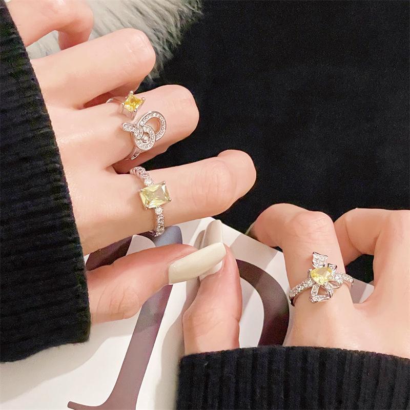 Кольцо Caibao Open Ring Light Luxury High-End с желтыми бриллиантами в оправе в виде банта, оригинальный дизайн.