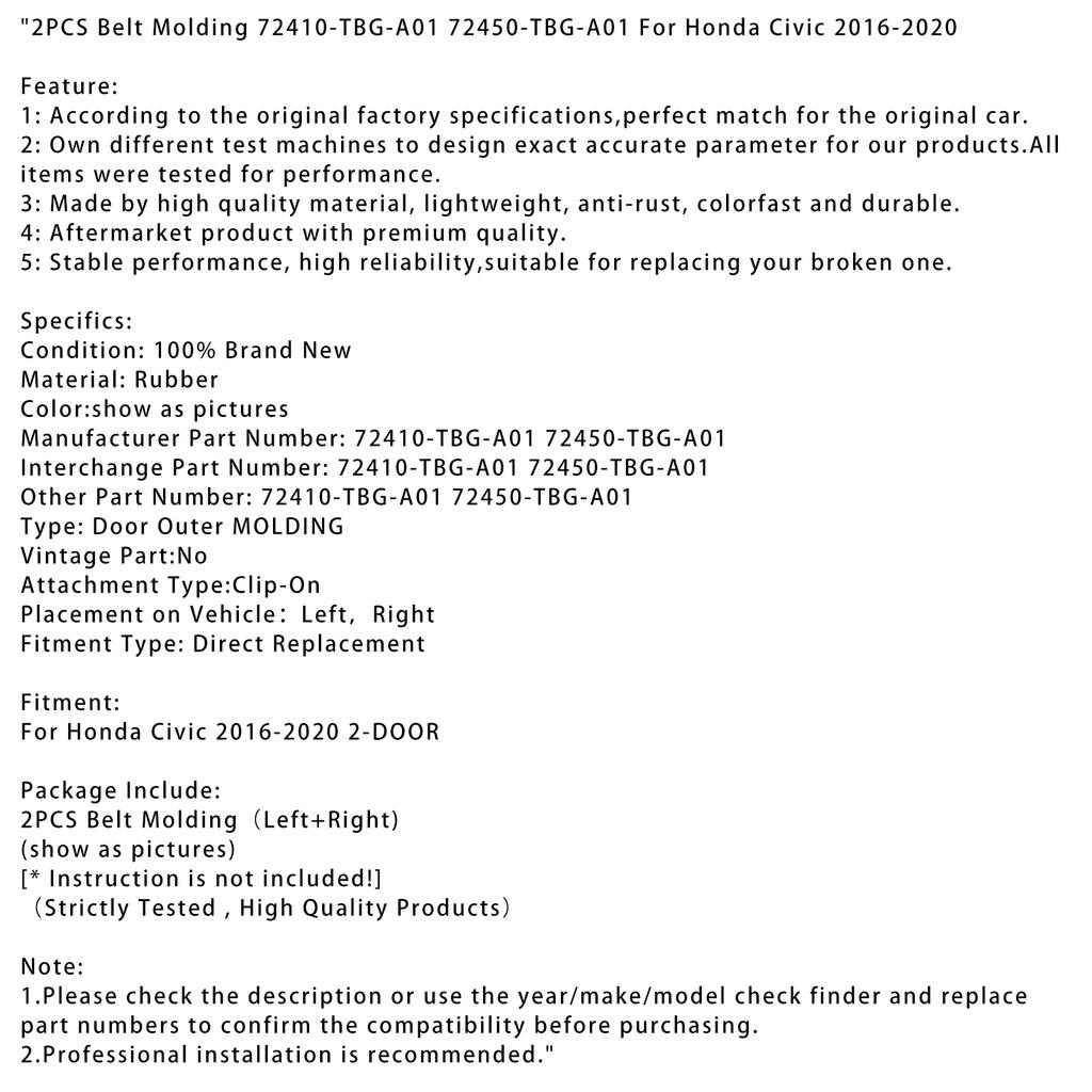 2PCS Belt Molding 72410-TBG-A01 72450-TBG-A01 For Honda Civic 2016-2020