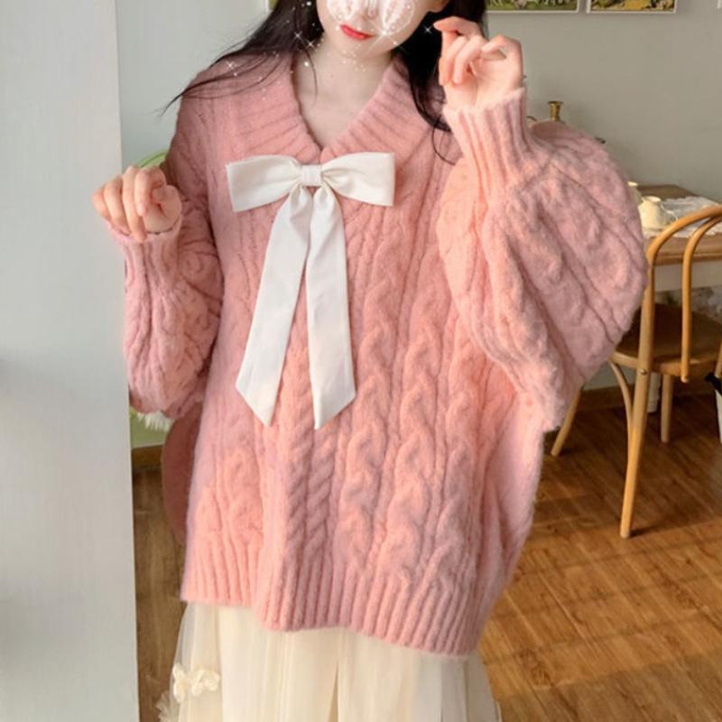 Розовый свободный свитер-пуловер с V-образным вырезом и галстуком-бабочкой, женский осенне-зимний вязаный свитер с длинным рукавом, женские повседневные однотонные теплые джемперы 25263