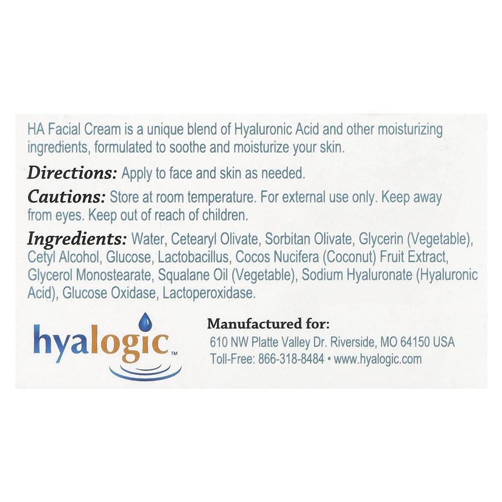 Hyalogic, HA Facial Cream, with Hyaluronic Acid, Fragrance-Free, 2 Oz (56.7 G)