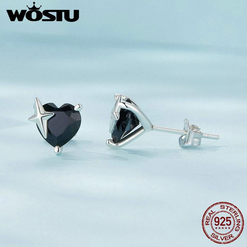 Женские серьги-гвоздики WOSTU из стерлингового серебра 925 пробы с большим сердцем и звездами, крутые черные серьги-гвоздики с цирконием в стиле панк, модные украшения, подарок на вечеринку, новинка