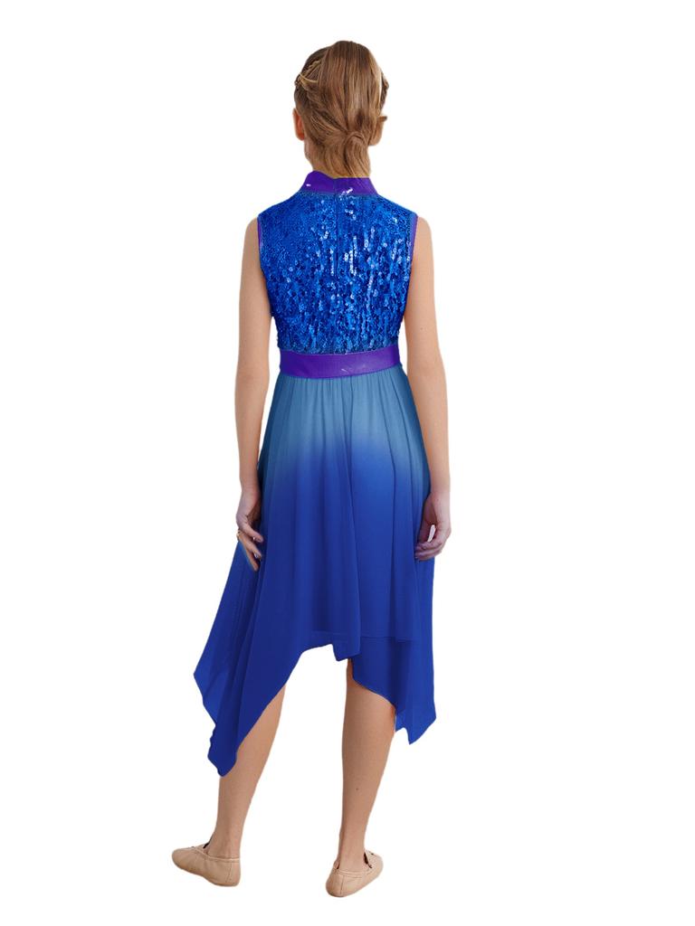 Girls Worship Dance Dress Mock Neck Sleeveless Asymmetrical Hem Shiny Sequins Bodice Liturgical Costume