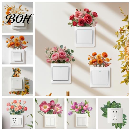 Waterproof Switch Sticker Removable Flower Sticker, Colorful Rose Peony Wall Protective Cover Decals, DIY Light for Bedroom Living Room PVC
