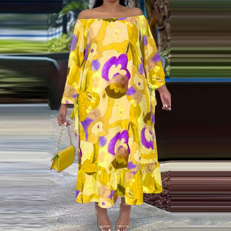 Женское платье больших размеров с открытыми плечами и длинными рукавами с принтом