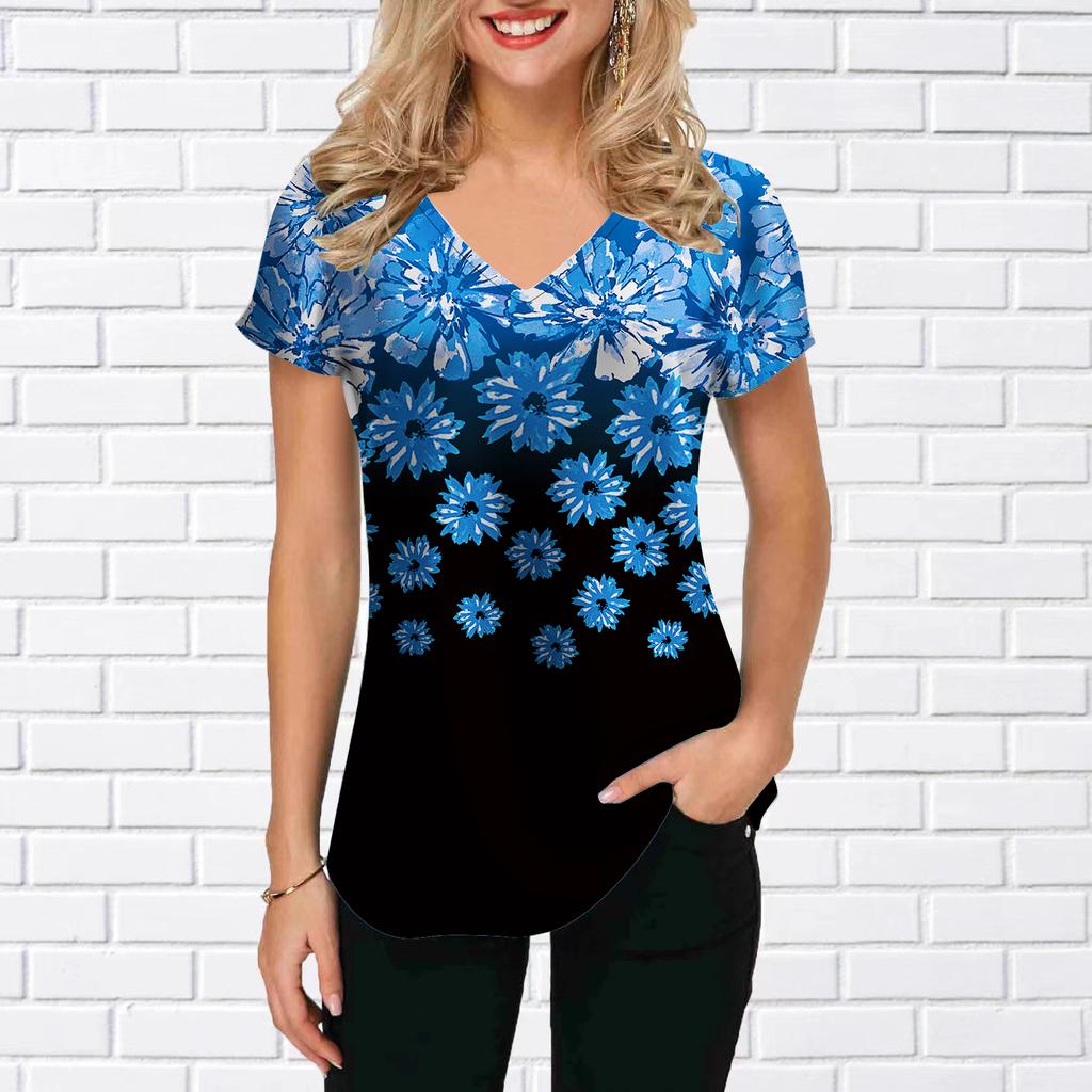 Женские топы с v-образным вырезом и короткими рукавами, подсолнечник, синие цветы, принт, свободная футболка, повседневная блузка