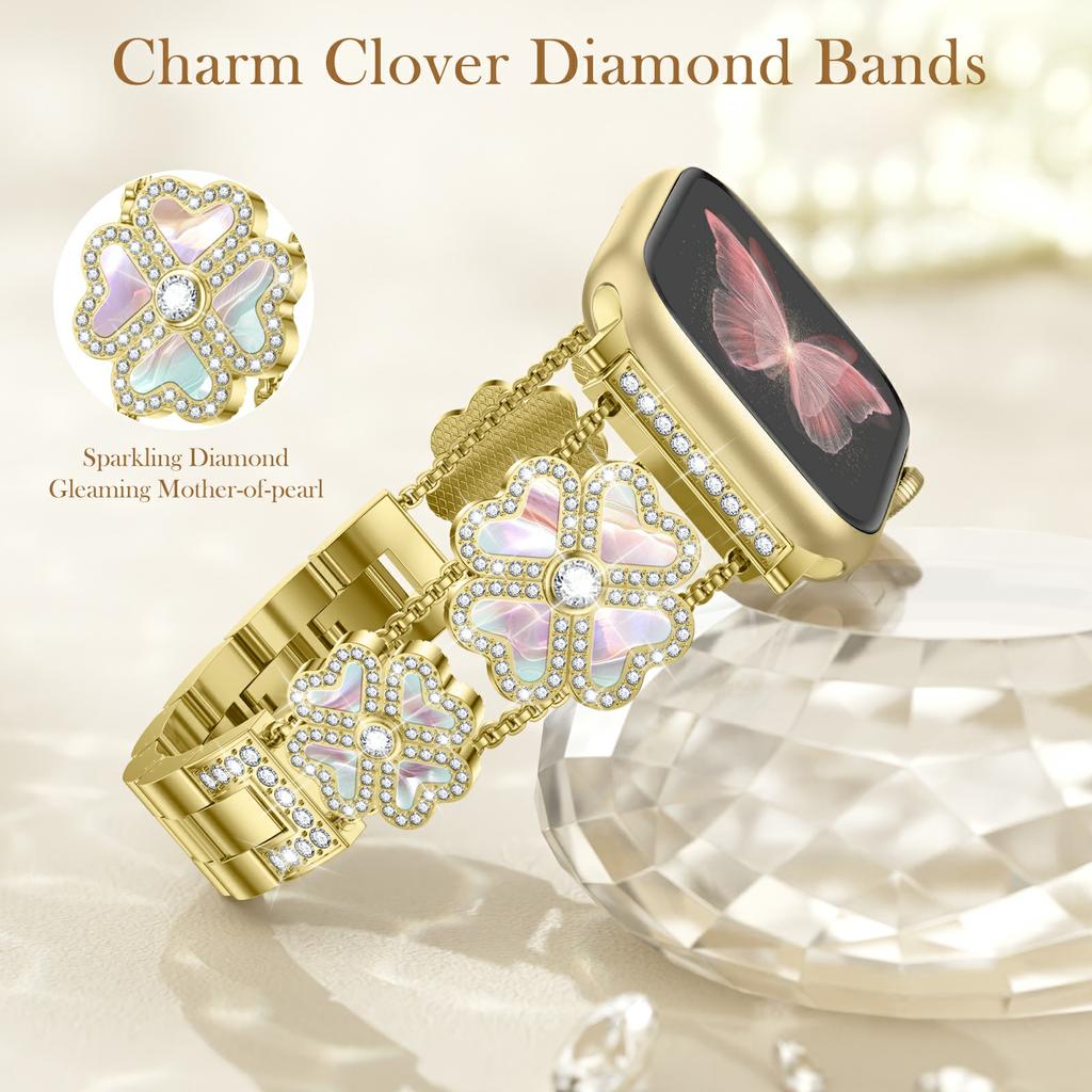 Metal Strap for Apple Watch Series 10 9 8 7 SE 6 5 4 3 2 1 42mm 41mm 40mm 38mm Heart Clover Rhinestone Decor Watch Band