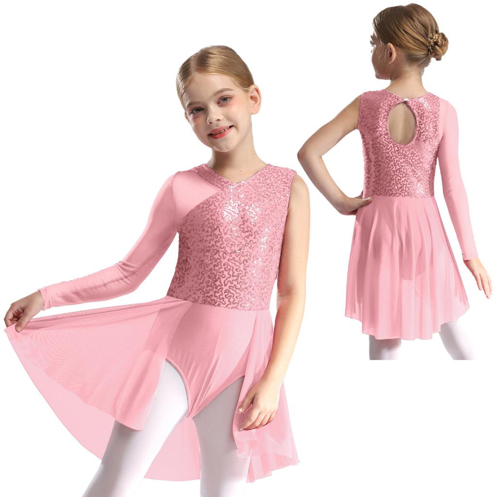 Kids Girls LJazz Dancewear Yrical Skating Dance Dress One Shoulder Asymmetrical Sleeve Shiny Sequins Ballet Ballroom Dance Skirted Leotard
