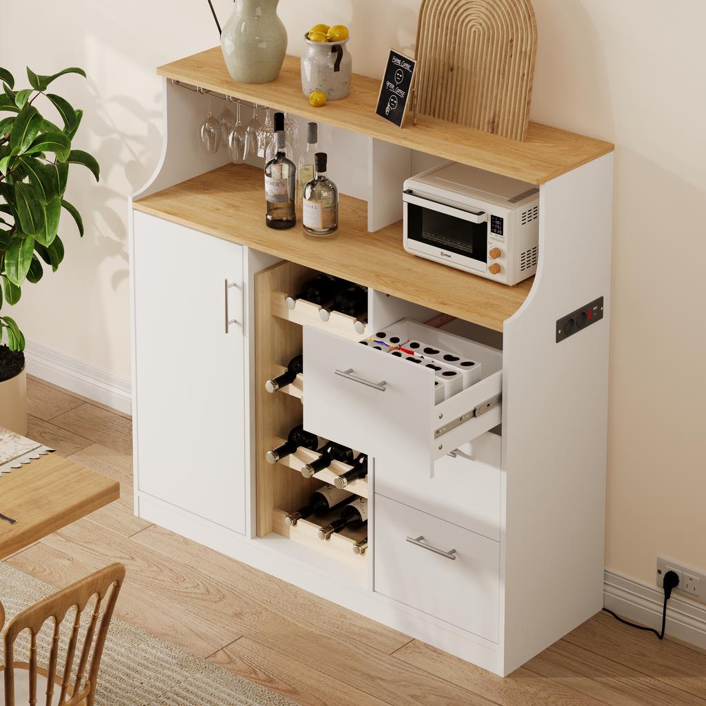 Sideboard, Restaurant Bar with LED, Sockets, Glass Holder, Wine Rack, Multi-layer Storage, Suitable for Use in Restaurant and Kitchen
