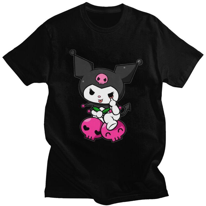 Vintage Kuromi Skull Cartoon Cat T Shirt Men Women Short Sleeves Soft Cotton Tshirt Streetwear Harajuku Leisure Tee Fashion Top