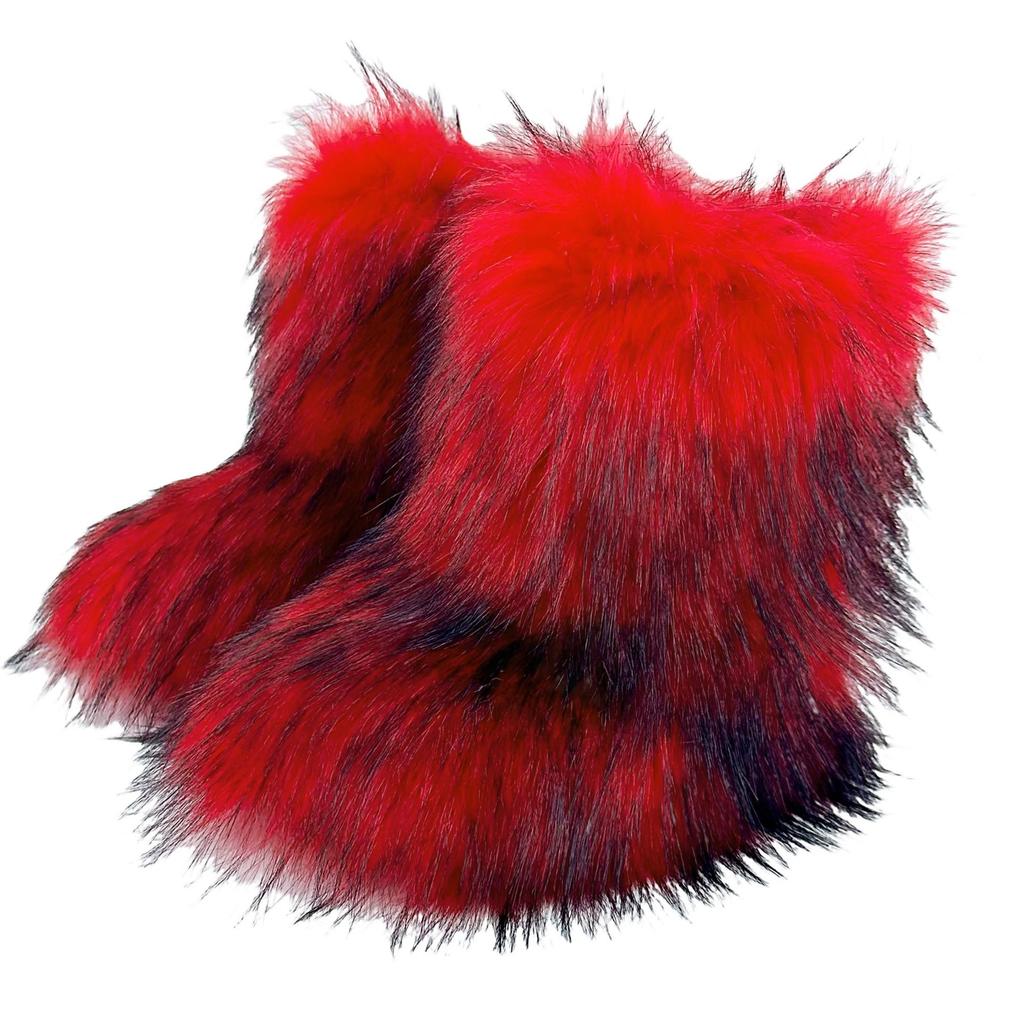 Women Faux Fur Boots Winter Fluffy Plush Warm Mid Calf Snow Boots Luxury Fashion Furry Boots Comfortable Outdoor Flat Shoes