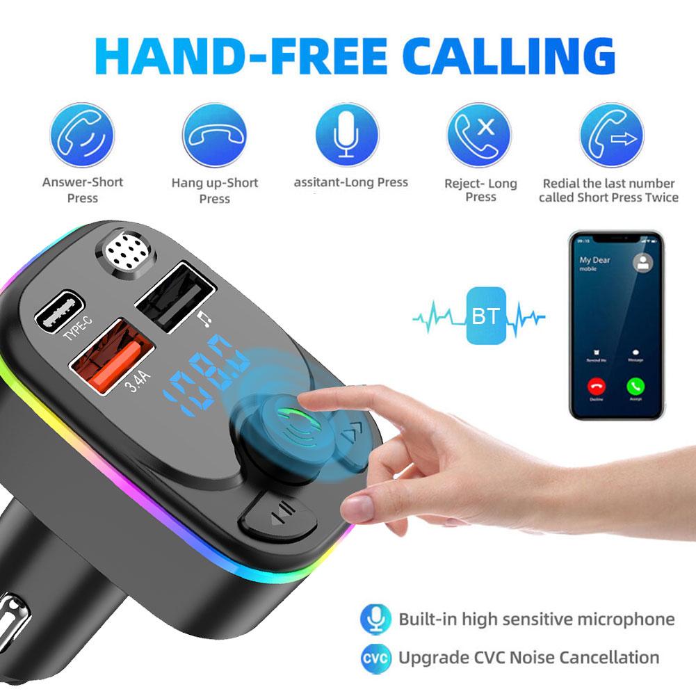 Автомобильный Bluetooth 5.0 FM-передатчик PD Type-C Dual USB 3.1A Быстрое зарядное устройство Цветной окружающий свет Громкая связь MP3-модулятор плеер