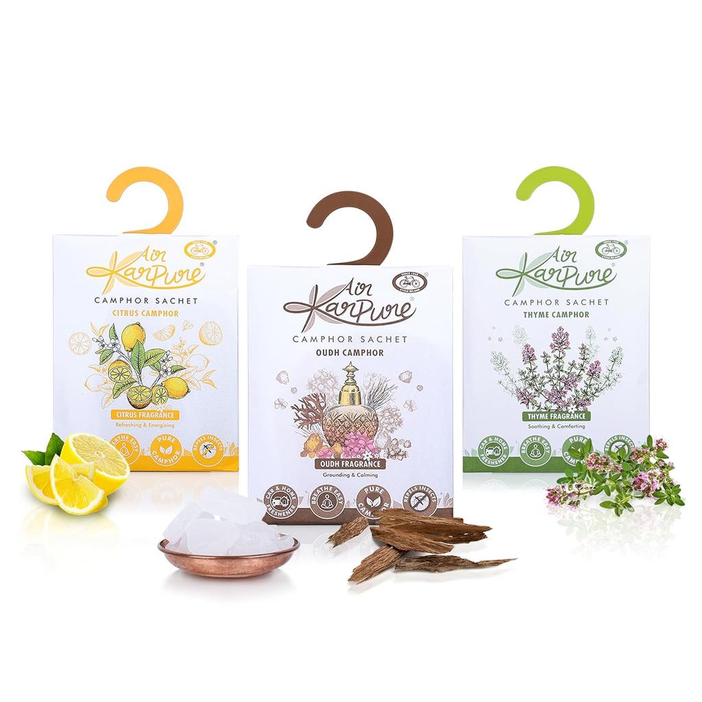 Cycle Pure Karpure Камфорное саше, упаковка из 3 штук, долговечный освежитель воздуха для дома, автомобиля, гардероба, ванной комнаты, с ароматами уда, цитруса, тимьяна
