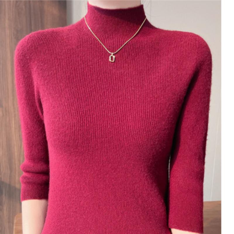 New Spring and Summer Half-high Neck Short-sleeved Sweater for Women's Fashionable Base Shirt with A 7-quarter Sleeve Sweater Slim-fit Body