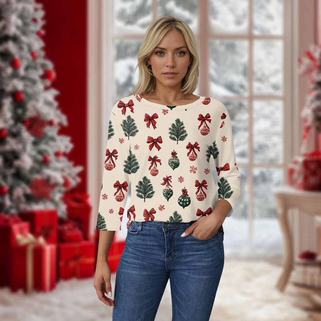 Женский топ с круглым вырезом и рукавом 3/4 с рождественским принтом