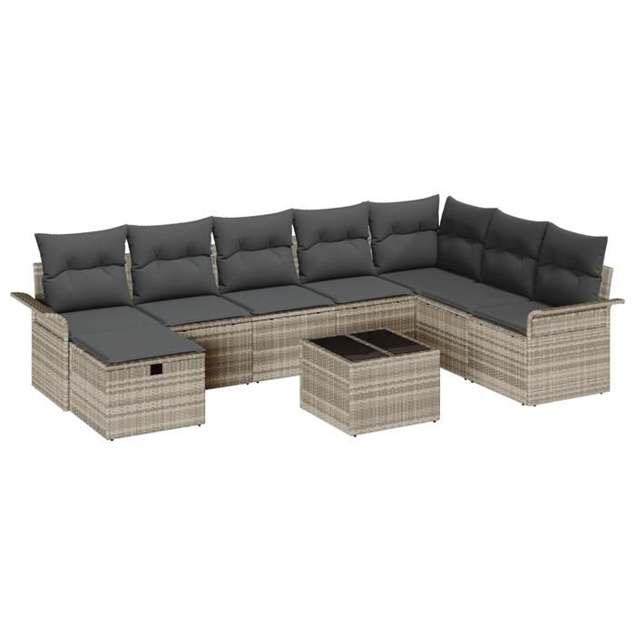 VidaXL Ensemble de Canapé de Jardin 9 Pièces avec Coussins Gris Clair Rattan Poly 3358941