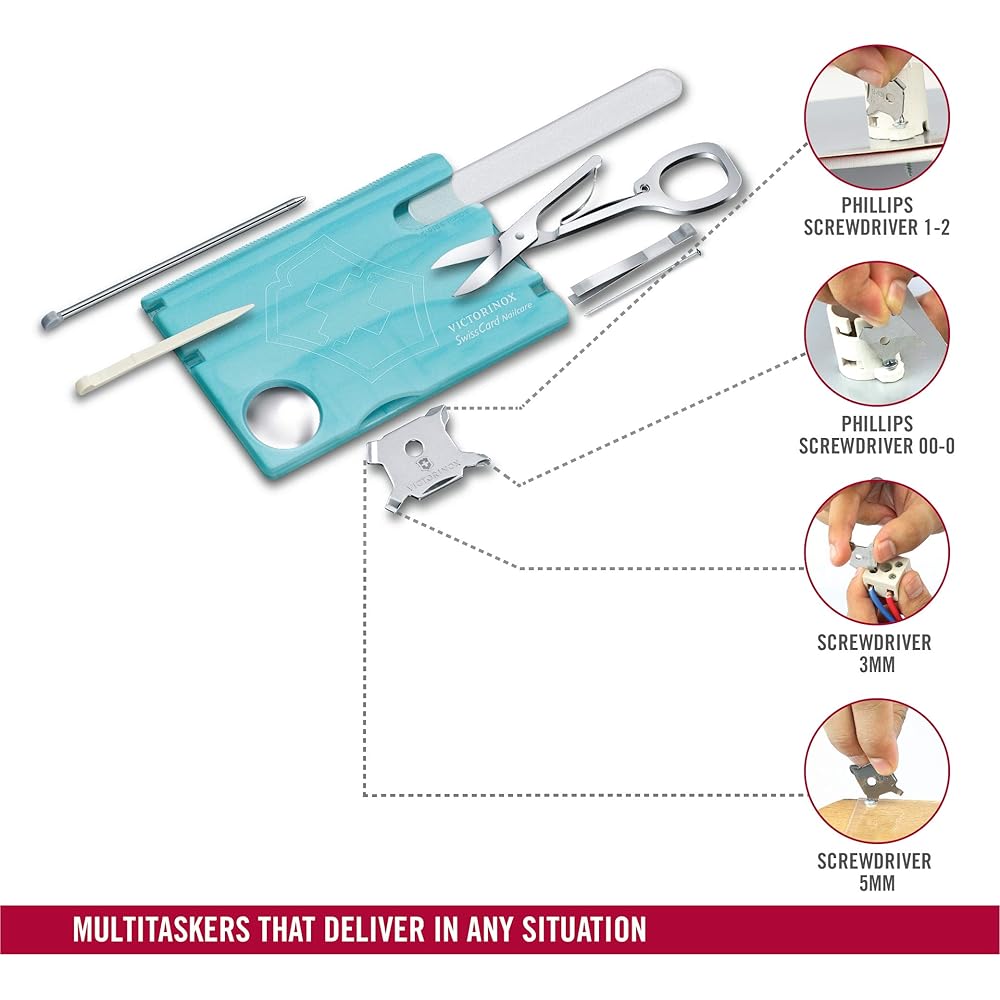Victorinox SwissCard Nail Care Ice Blue Transparent Glass Nail File with Scissors 13 Functions Compact Emergency Tool