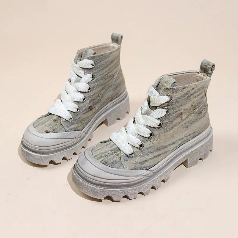 Осенняя повседневная женская обувь с высоким верхом Matsuke, парусиновые туфли на толстой подошве, корейская версия, универсальные уличные короткие ботинки Poe Heel Blast