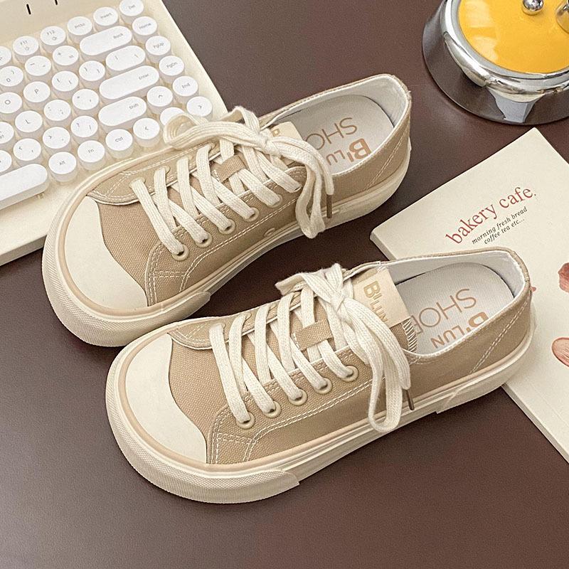 Качественные женские парусиновые туфли на толстой подошве с широким носком, женские плоские кроссовки со шнуровкой, однотонные повседневные туфли для студентов, теннисные туфли